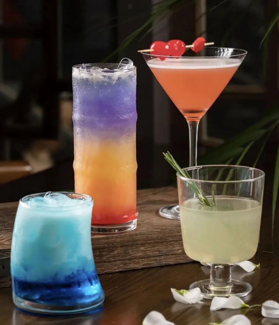 Four colorful cocktails served at Jiangnan